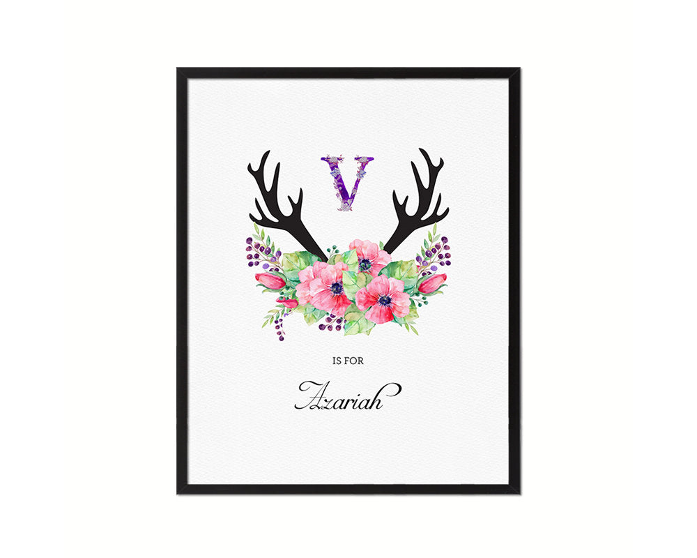 Initial Letter V Watercolor Floral Boho Monogram Art Framed Print Baby Girl Room Wall Decor Gifts