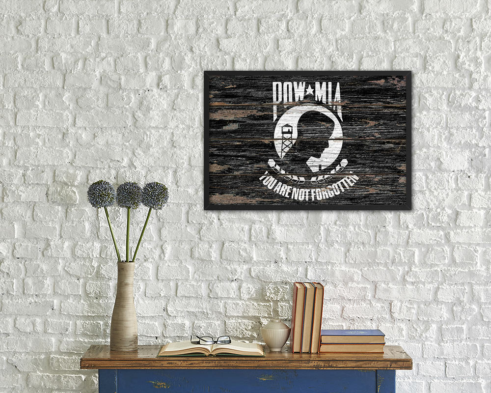 Pow Mia Wood Rustic Flag Wood Framed Print Wall Art Decor Gifts