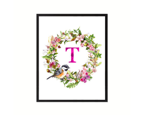 Letter T Floral Wreath Monogram Framed Print Wall Art Decor Gifts