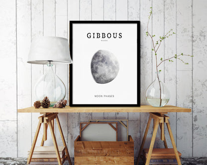 Waxing Gibbous Lunar Phases Moon Watercolor Nursery Framed Prints Home Decor Wall Art Gifts