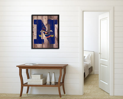 North Dakota State Initial Flag Wood Framed Paper Print Decor Wall Art Gifts, Wood
