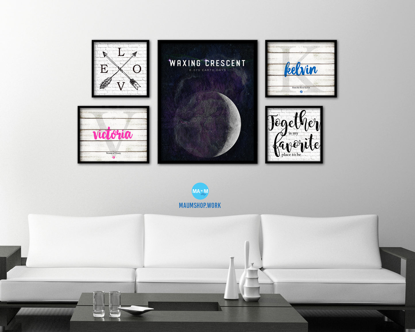 Waxing Crescent Lunar Phases Length of Year Moon Watercolor Nursery Framed Prints Wall Art Gift