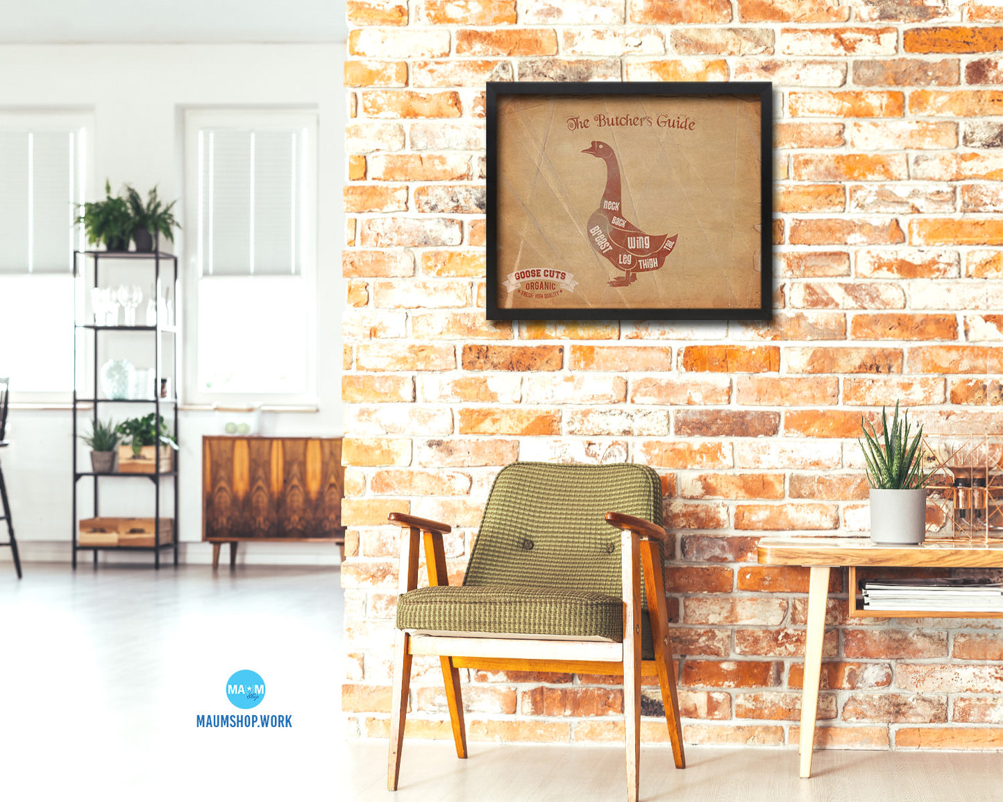 Goose  Meat Cuts Butchers Chart Wood Framed Paper Print Home Decor Wall Art Gifts