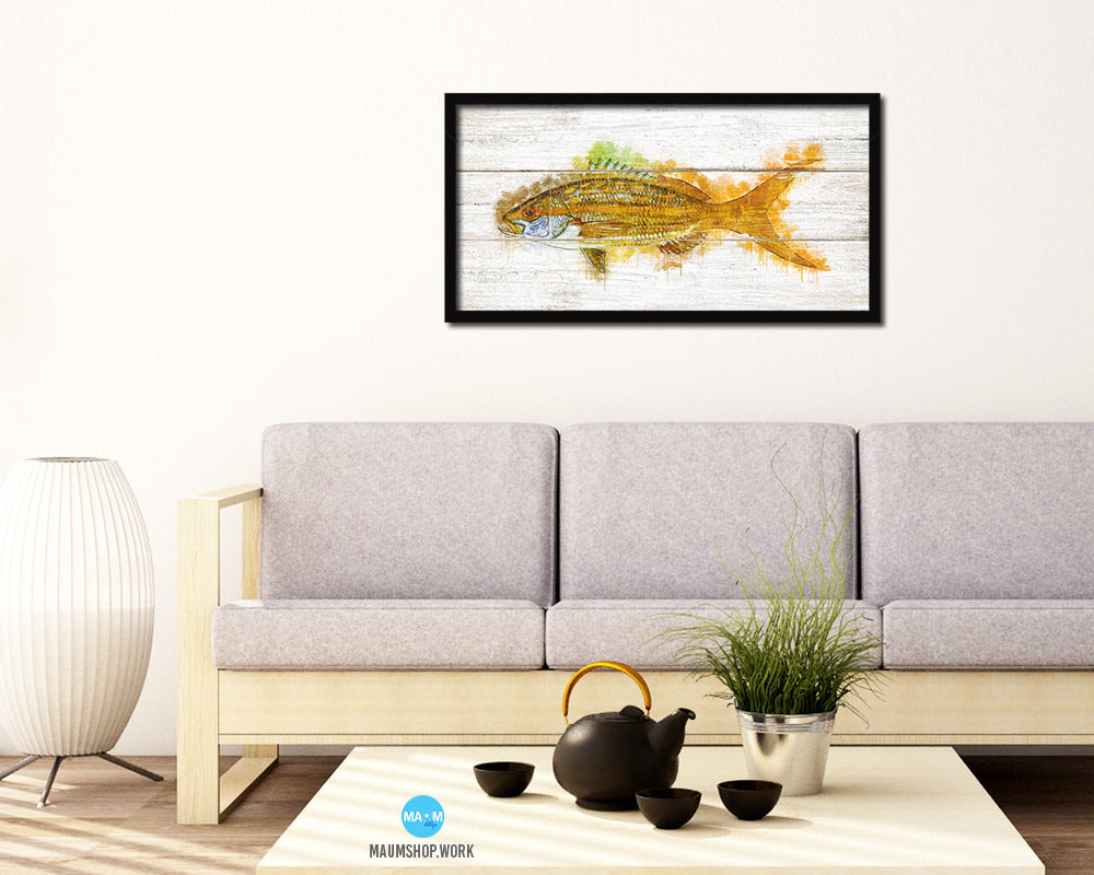 Yellowtail Snapper Fish Art Wood Framed White Wash Restaurant Sushi Wall Decor Gifts, 10" x 20"