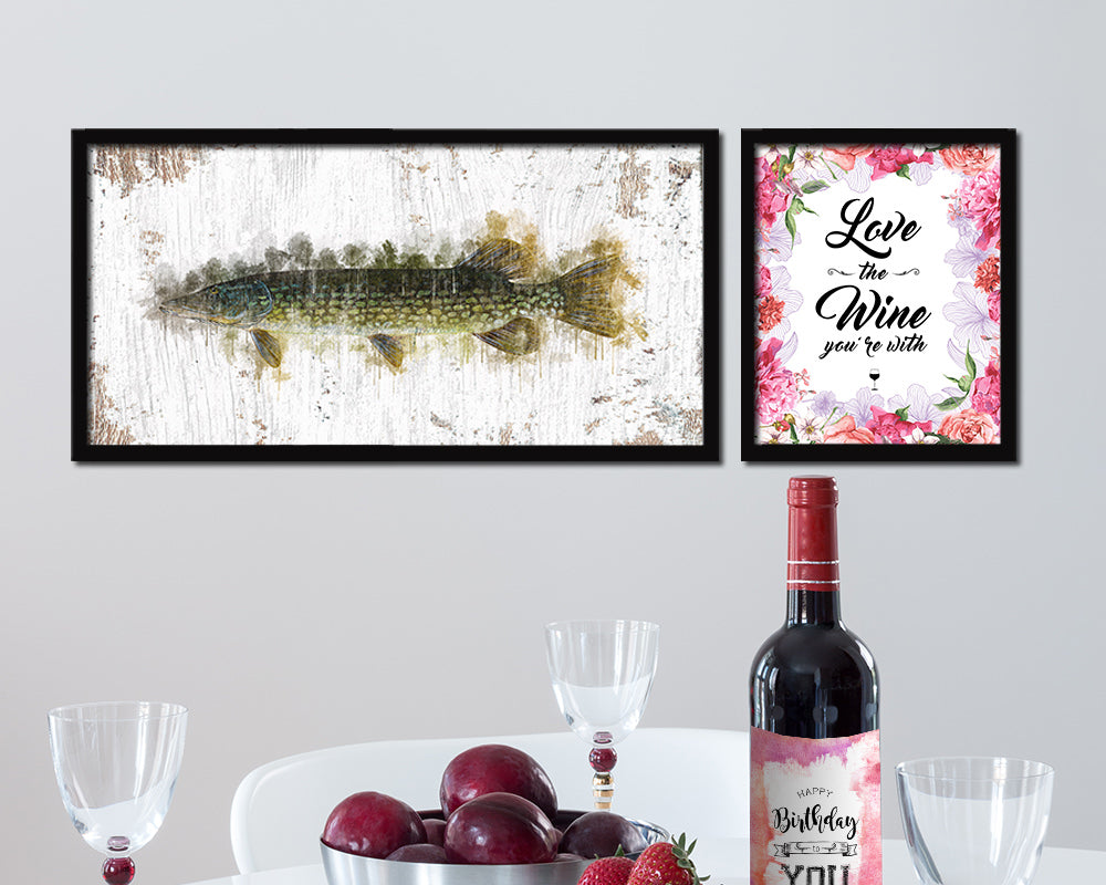 Pike Fish Art Wood Frame Shabby Chic Restaurant Sushi Wall Decor Gifts, 10" x 20"
