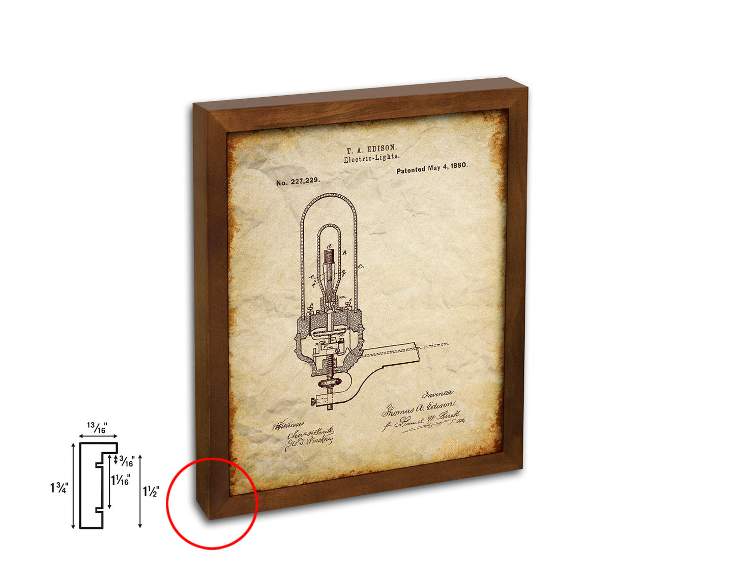 Electric Lights Edison Vintage Patent Artwork Walnut Frame Print Wall Art Decor Gifts