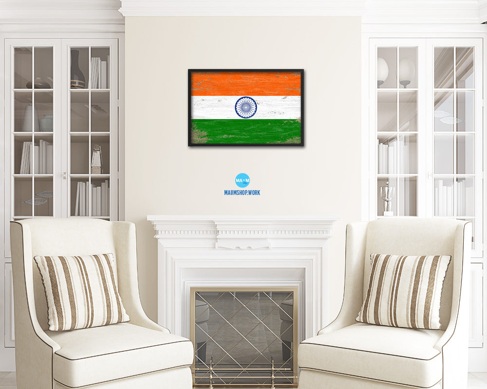 India Shabby Chic Country Flag Wood Framed Print Wall Art Decor Gifts