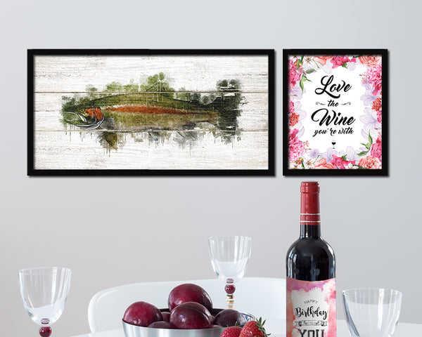 Salmon Fish Art Wood Framed White Wash Restaurant Sushi Wall Decor Gifts, 10" x 20"
