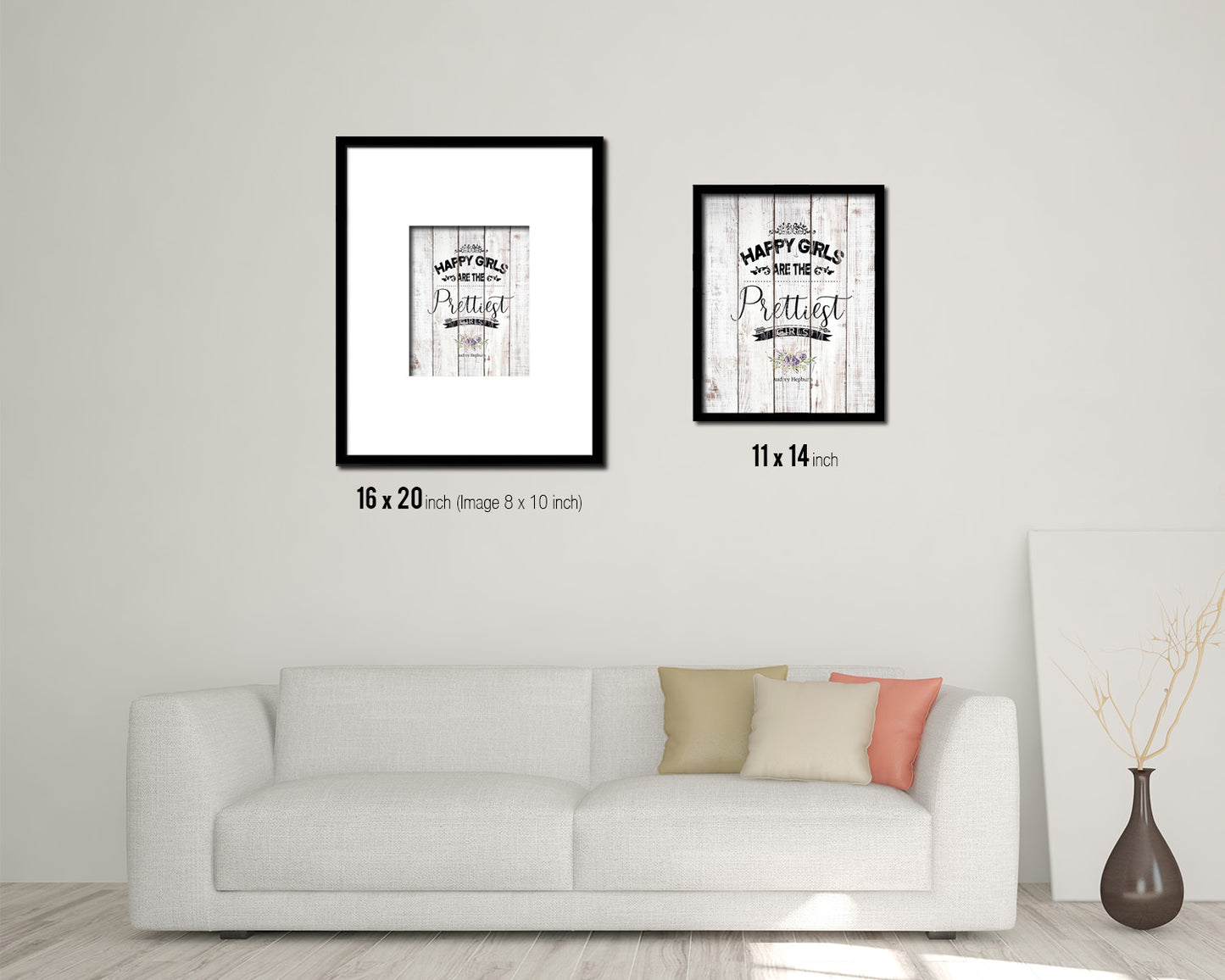 Happy girls are the prettiest White Wash Quote Framed Print Wall Decor Art