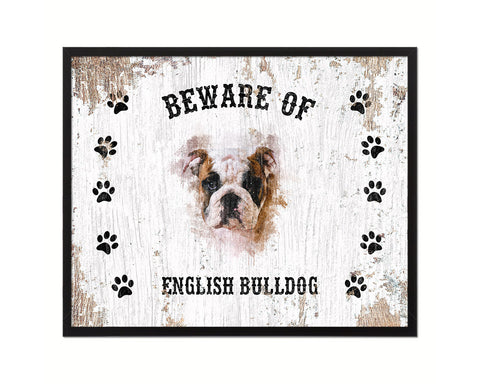 Beware of English Bulldog Sign Wood Framed Print Wall Art Decor Gifts