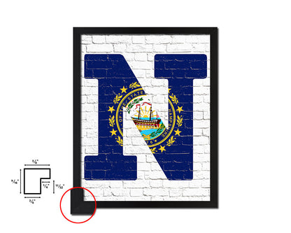 New Hampshire State Initial Flag Wood Framed Paper Print Decor Wall Art Gifts, Brick