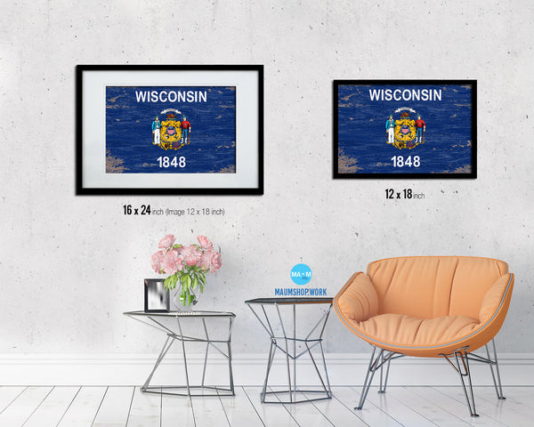 Wisconsin State Shabby Chic Flag Wood Framed Paper Print  Wall Art Decor Gifts