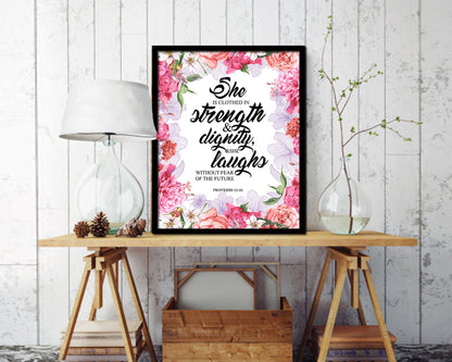 She is clothed in strength, Proverbs 31:25 Quote Framed Print Home Decor Wall Art Gifts