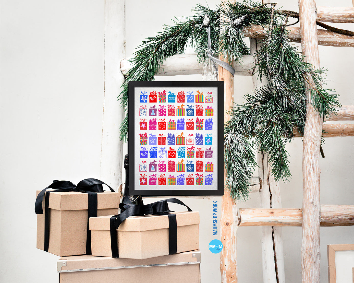 Christmas Gift Color Box Holiday Season Gifts Wood Framed Print Home Decor Wall Art