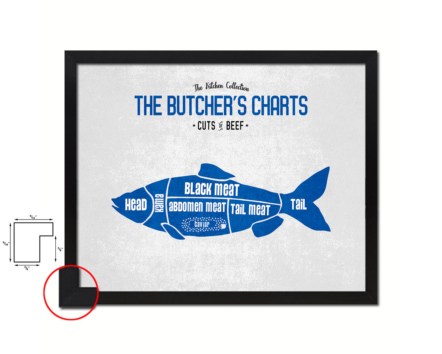 Fish  Meat Cuts Butchers Chart Wood Framed Paper Print Home Decor Wall Art Gifts