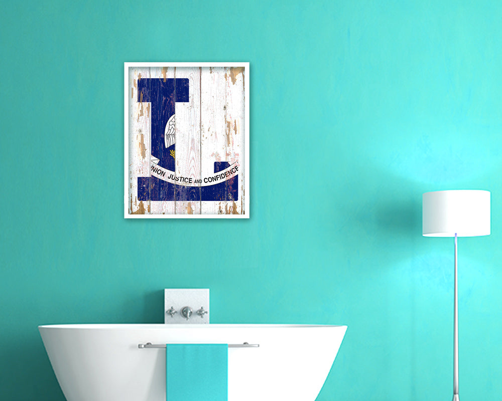 Louisiana State Initial Flag Wood Framed Paper Print Decor Wall Art Gifts, Beach