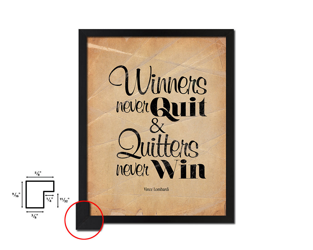 Winners never quit, Vince Lombardi Quote Paper Artwork Framed Print Wall Decor Art