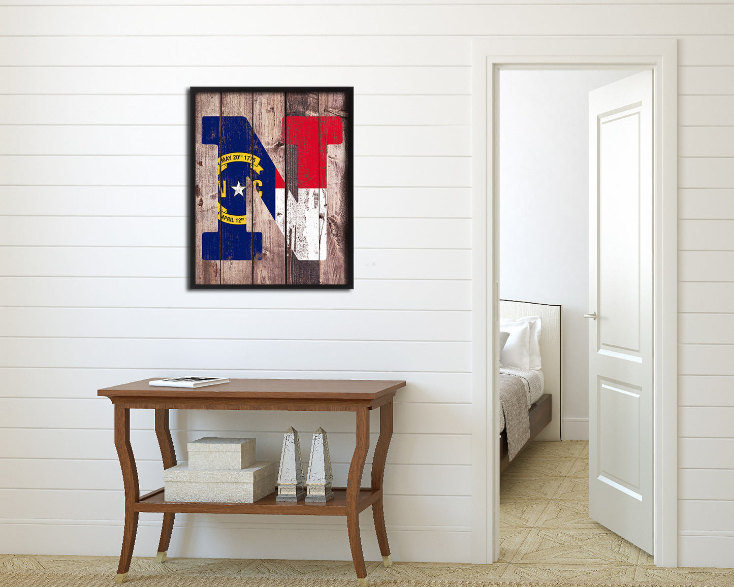 North Carolina State Initial Flag Wood Framed Paper Print Decor Wall Art Gifts, Wood