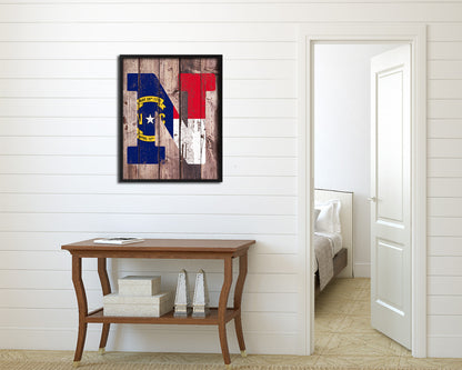 North Carolina State Initial Flag Wood Framed Paper Print Decor Wall Art Gifts, Wood