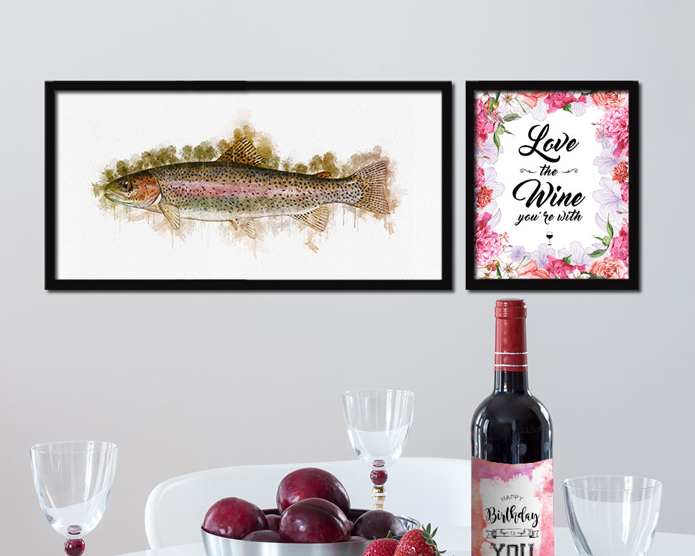 Rainbow Trout Fish Art Wood Frame Modern Restaurant Sushi Wall Decor Gifts, 10" x 20"