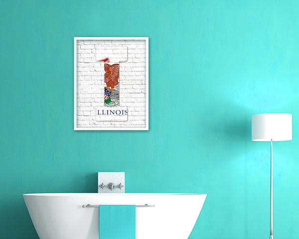 Illinois State Initial Flag Wood Framed Paper Print Decor Wall Art Gifts, Brick