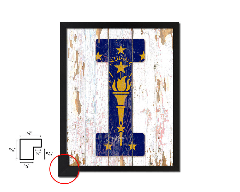 Indiana State Initial Flag Wood Framed Paper Print Decor Wall Art Gifts, Beach
