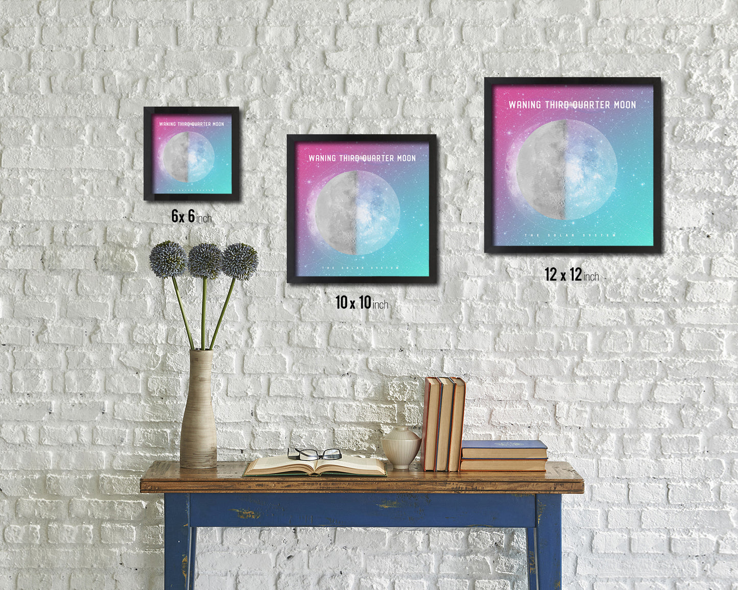 Waning Third Quarter Lunar Phases Colorful Moon Watercolor Framed Prints Home Decor Wall Art Gifts