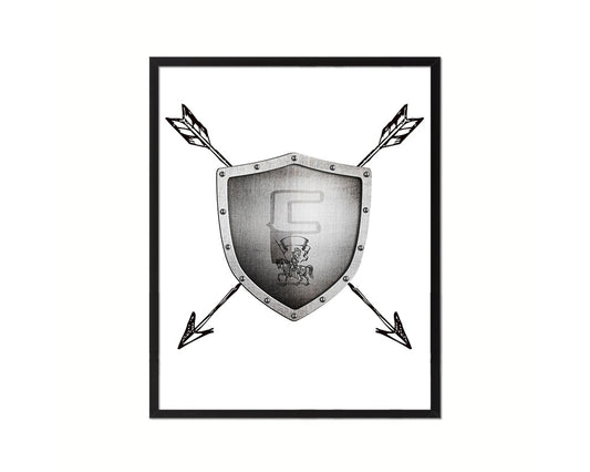 Letter F Medieval Castle Knight Shield Sword Monogram Framed Print Wall Art Decor Gifts