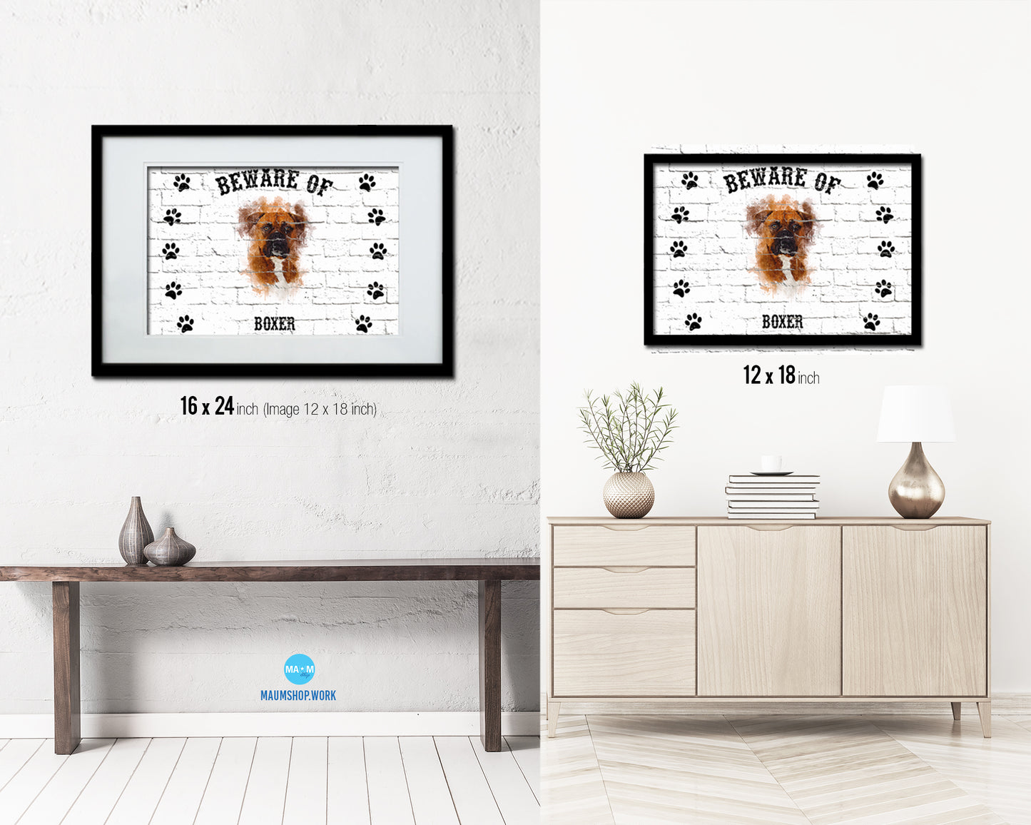 Beware of Boxer Sign Wood Framed Print Wall Art Decor Gifts