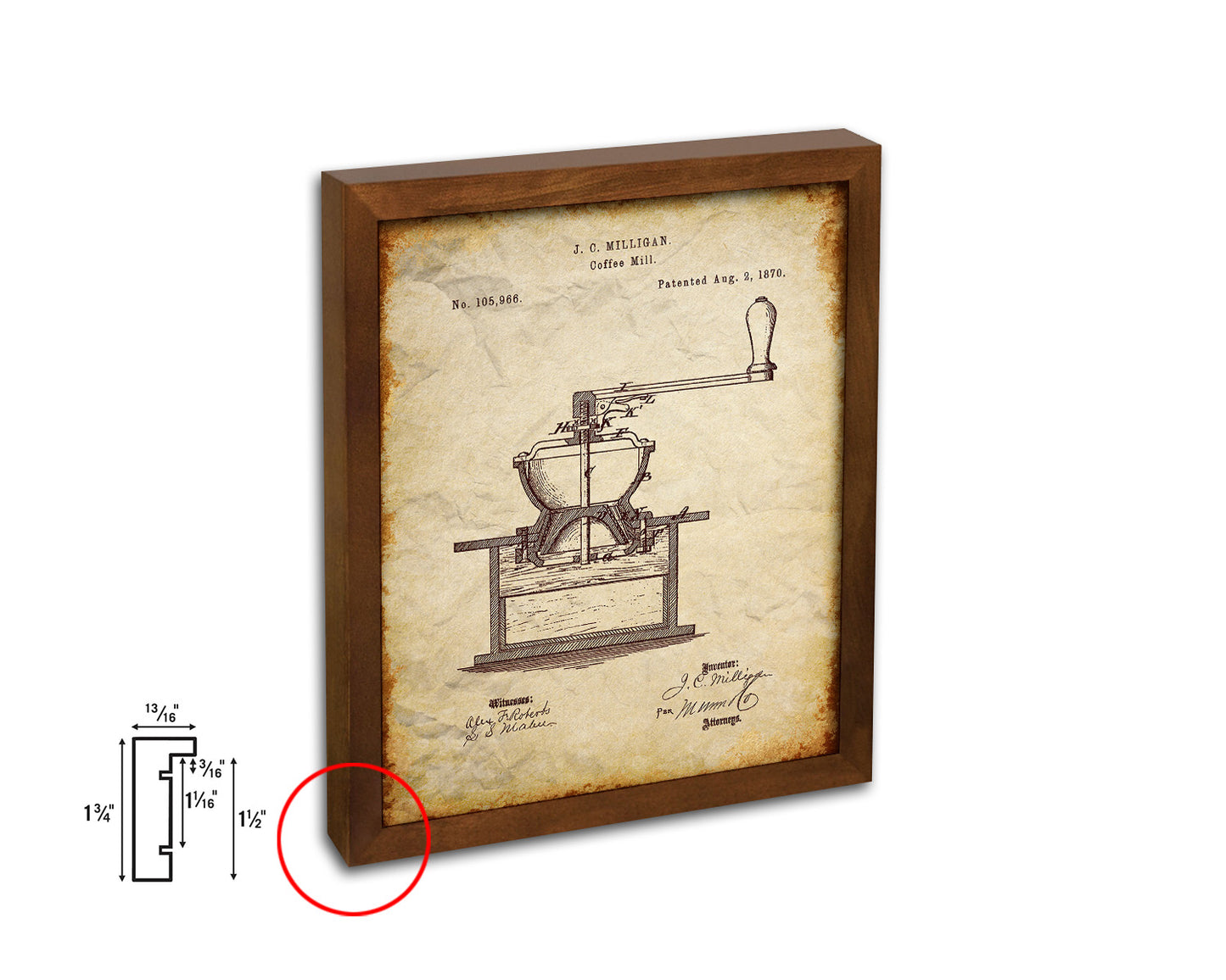 Mill Coffee Vintage Patent Artwork Walnut Frame Print Wall Art Decor Gifts