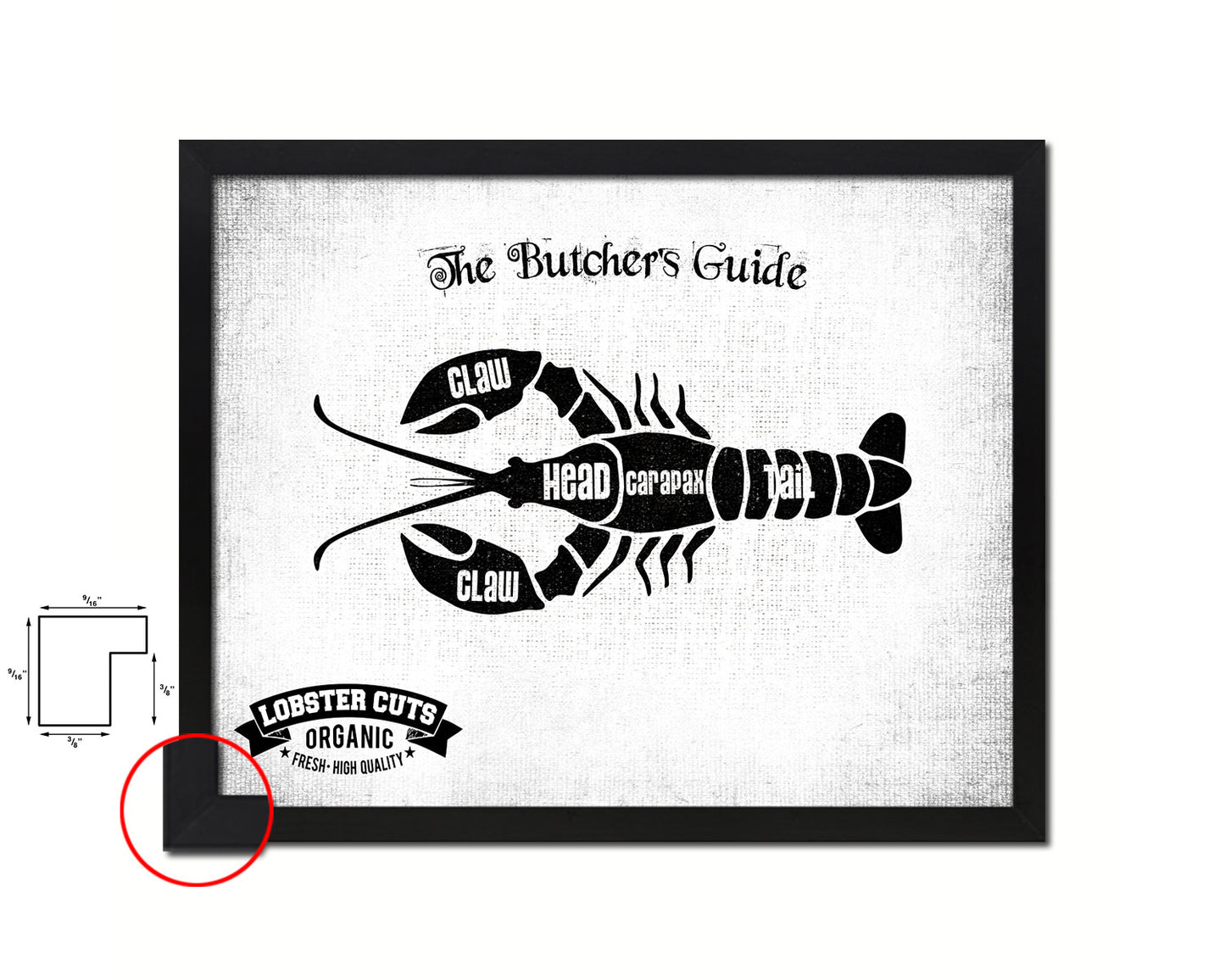 Lobster  Meat Cuts Butchers Chart Wood Framed Paper Print Home Decor Wall Art Gifts