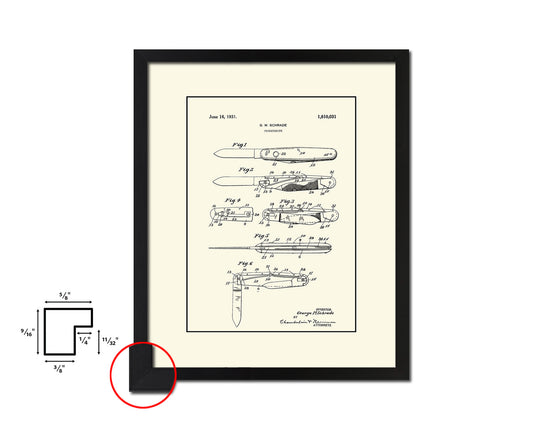 Pocketknife Cowboy Vintage Patent Artwork Black Frame Print Wall Art Decor Gifts