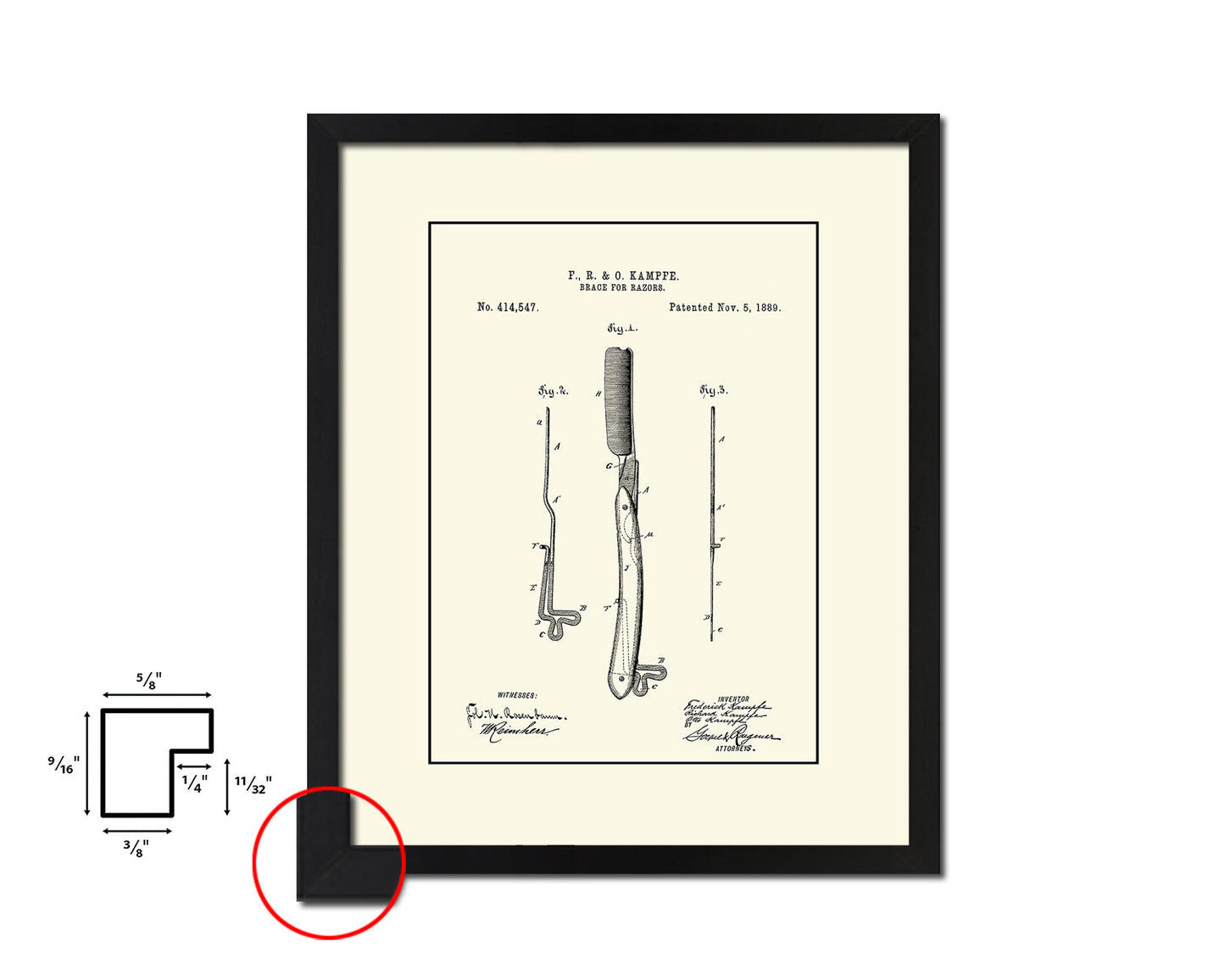 Razor Brace Barbershop Vintage Patent Artwork Black Frame Print Wall Art Decor Gifts