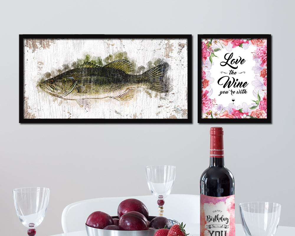 Largemouth Bass Fish Art Wood Frame Shabby Chic Restaurant Sushi Wall Decor Gifts, 10" x 20"