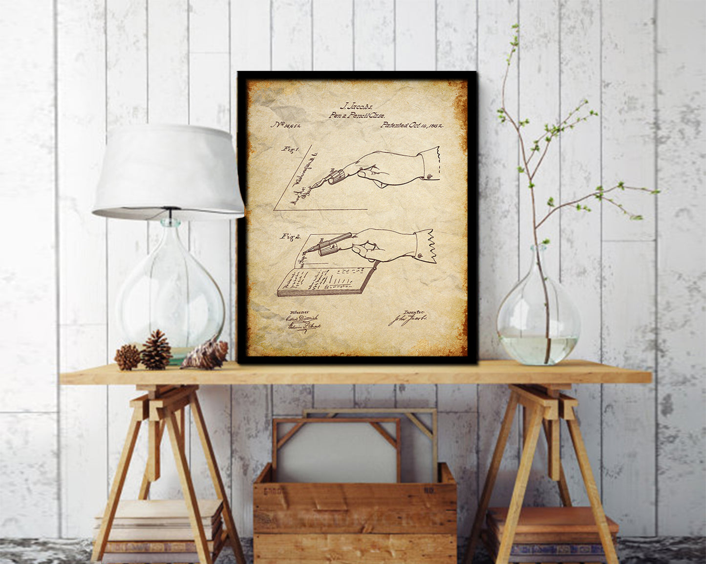 Pen and Pencil Case Office Vintage Patent Artwork Walnut Frame Gifts