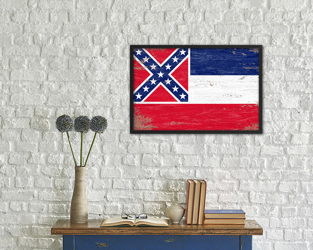Mississippi State Shabby Chic Flag Wood Framed Paper Print  Wall Art Decor Gifts