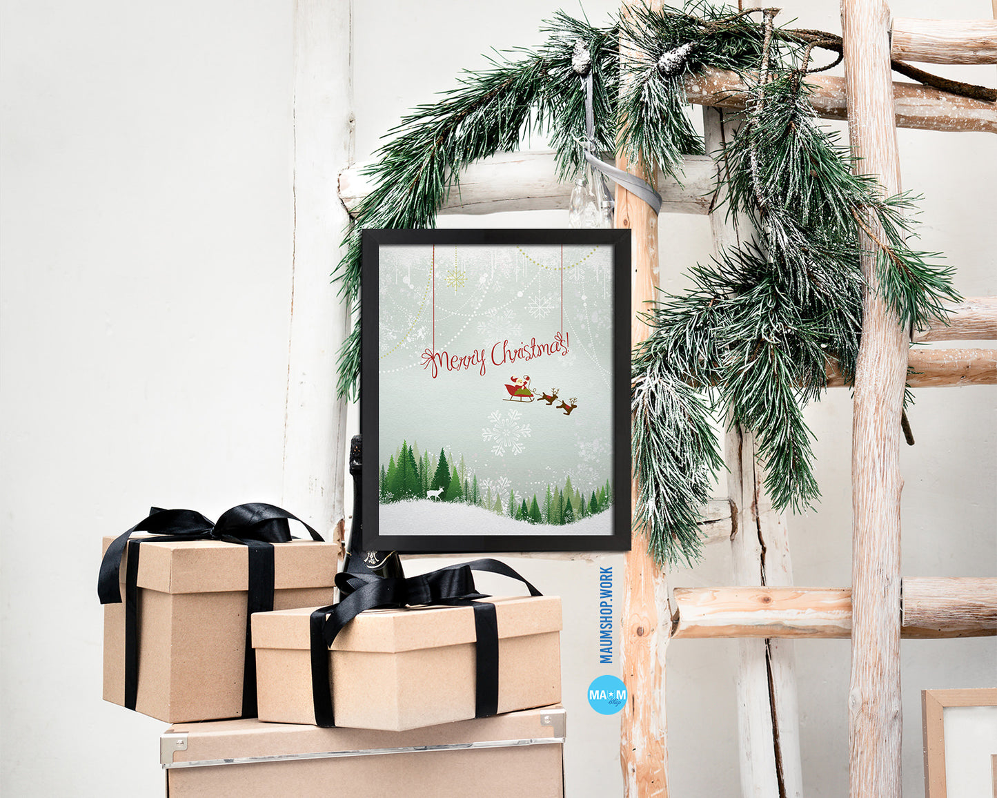 Merry Christmas Santa Holiday Season Gifts Wood Framed Print Home Decor Wall Art