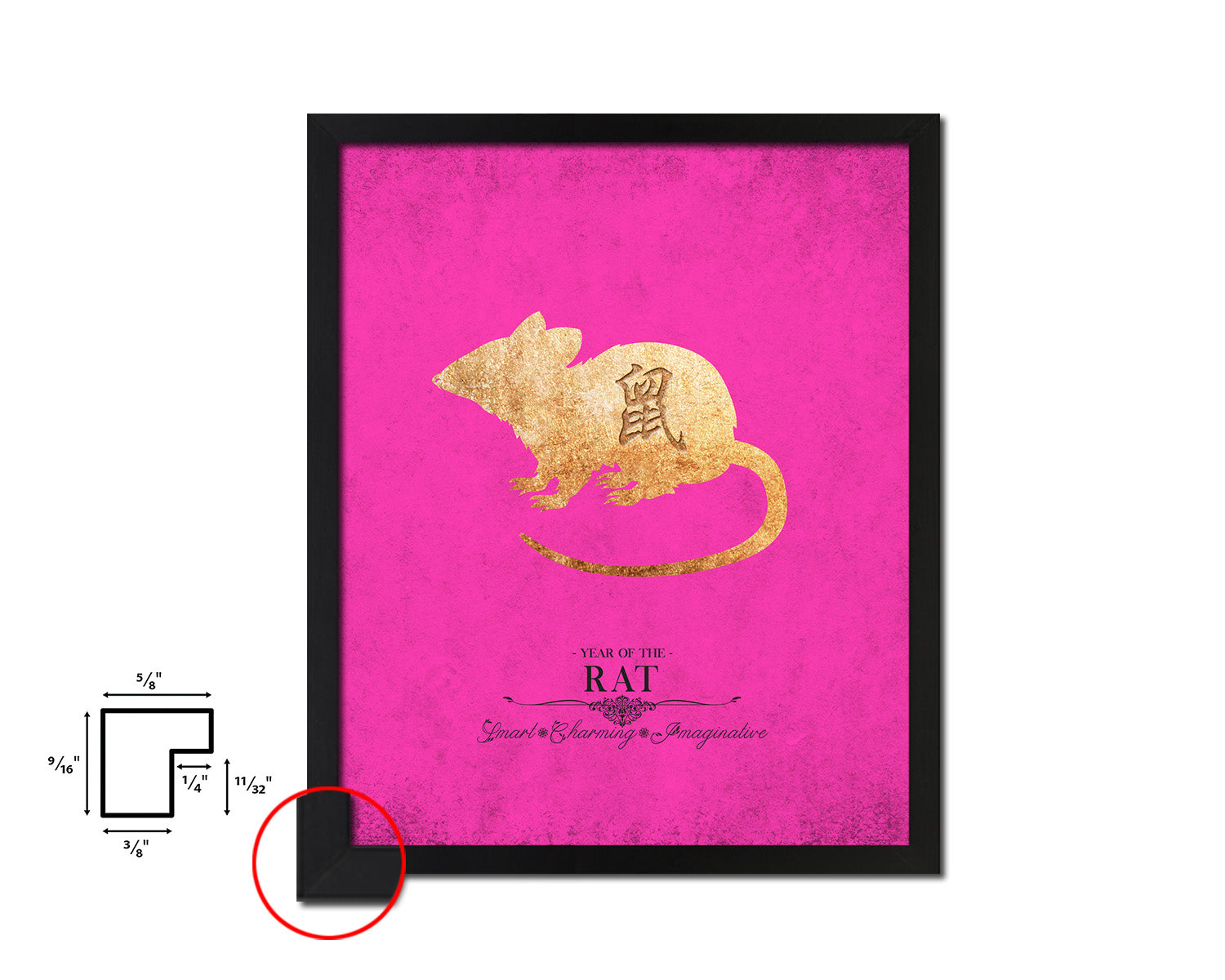 Rat Chinese Zodiac Character Black Framed Art Paper Print Wall Art Decor Gifts, Pink