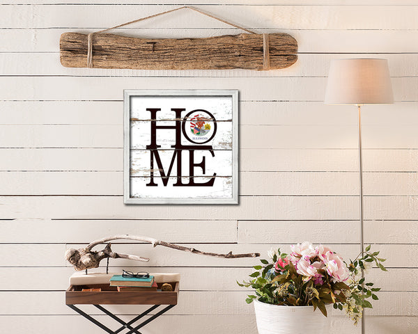 Illinois State Flag Shabby Chic Home Decor White Wash Wood Frame Wall Art Prints Gift