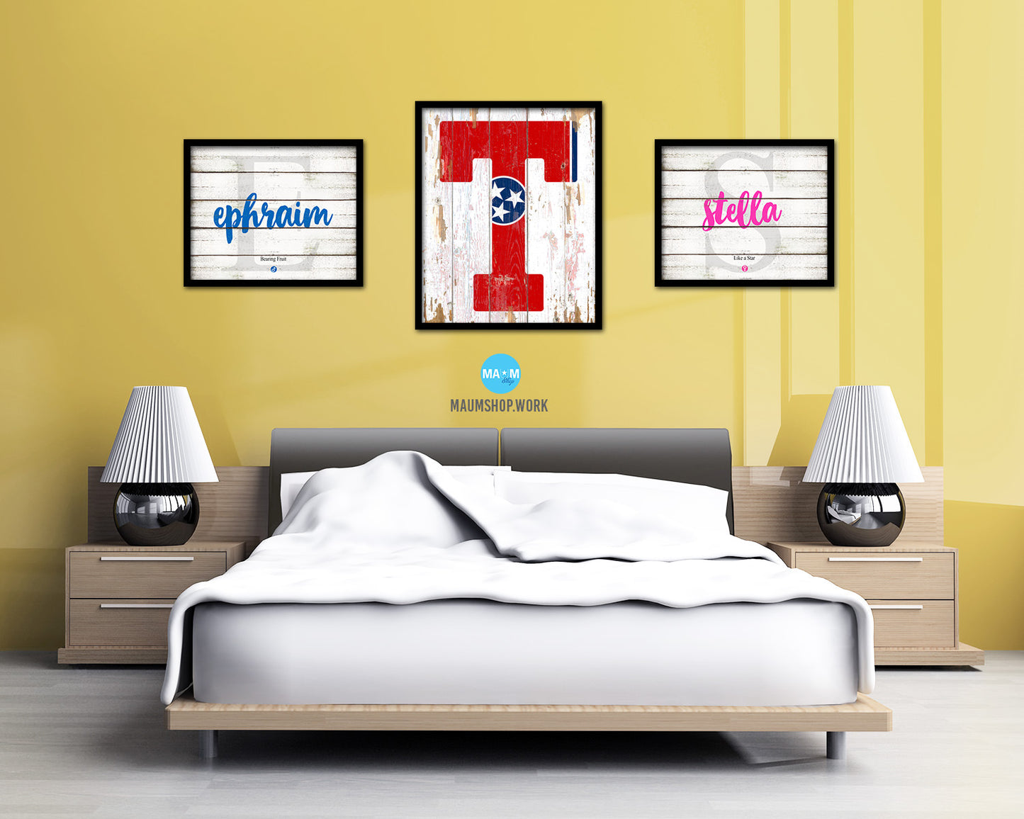 Tennessee State Initial Flag Wood Framed Paper Print Decor Wall Art Gifts, Beach