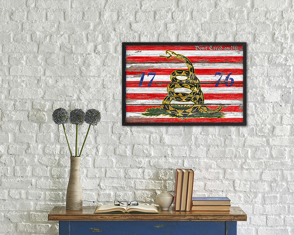 First Navy Jack Don't Tread On Me 1776 Tea Party Wood Rustic Flag Framed Print Art