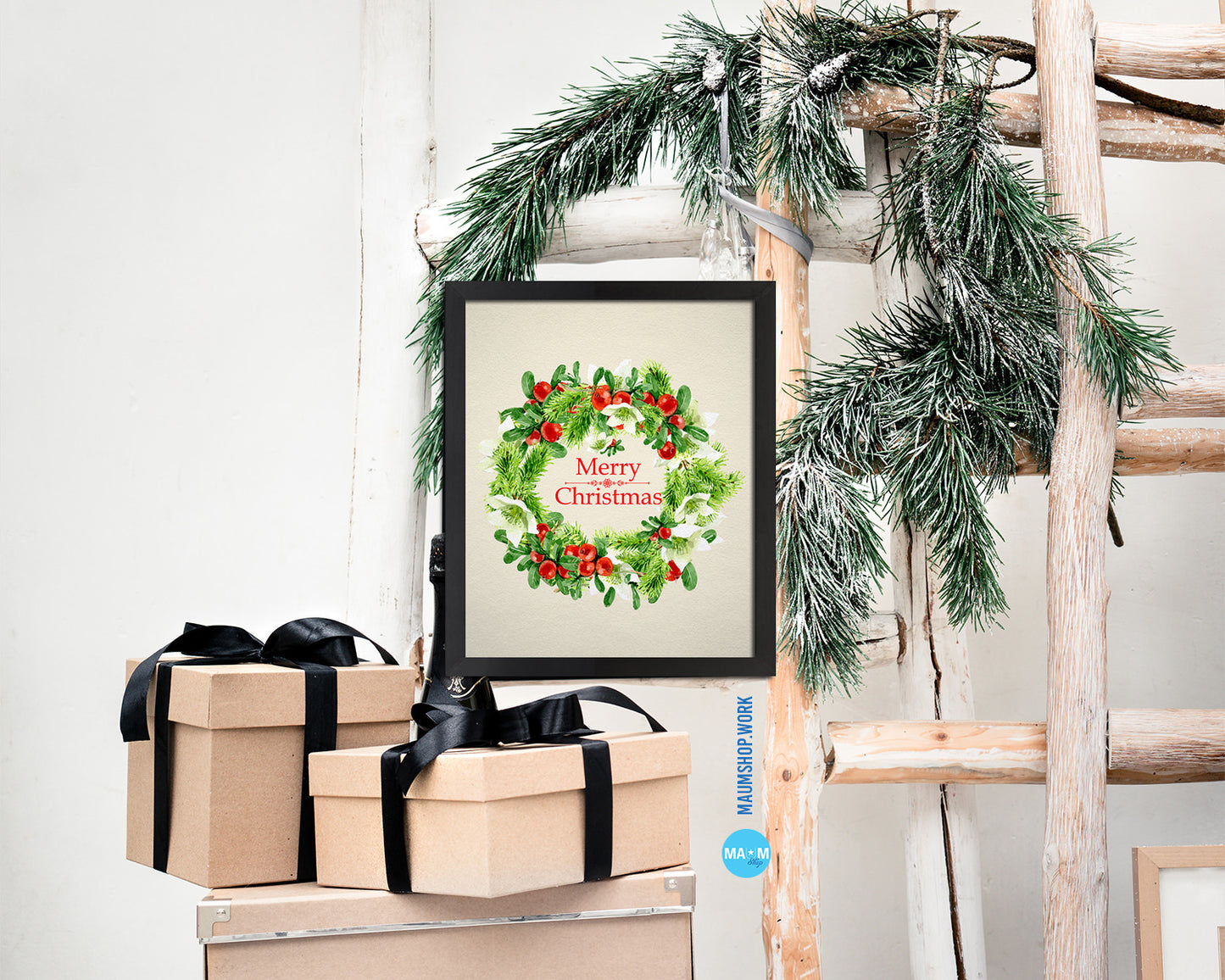Christmas Wreath Holiday Season Gifts Wood Framed Print Home Decor Wall Art
