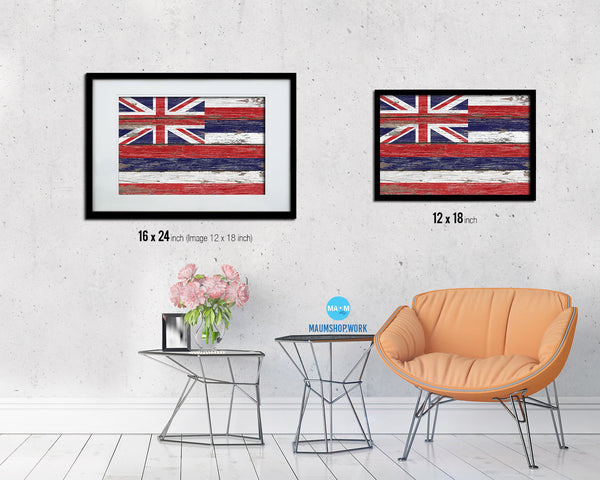 Hawaii State Rustic Flag Wood Framed Paper Prints Wall Art Decor Gifts