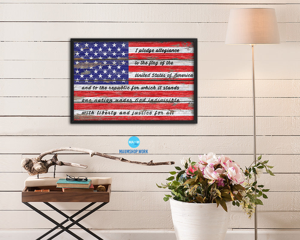The Pledge of Allegiance American Wood Rustic Flag Framed Print Art