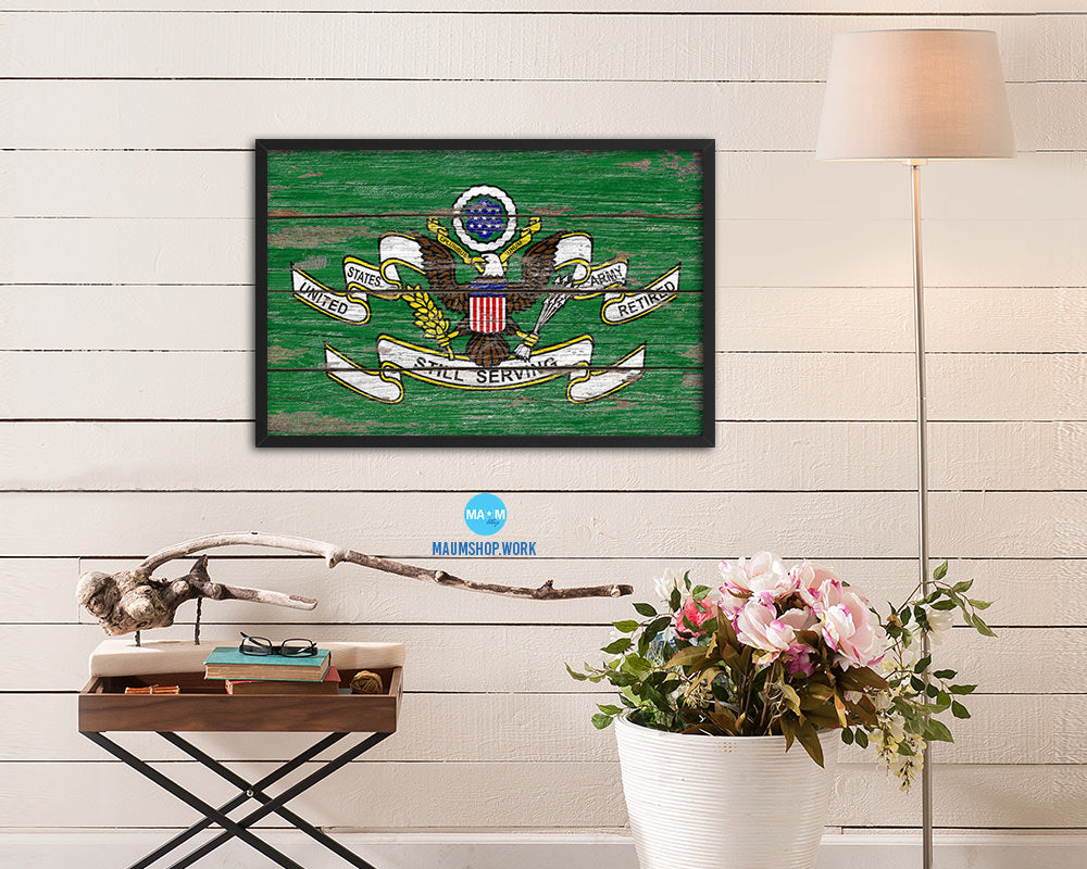 US Army Retired Still Serving Wood Rustic Flag Wood Framed Print Wall Art Decor Gifts
