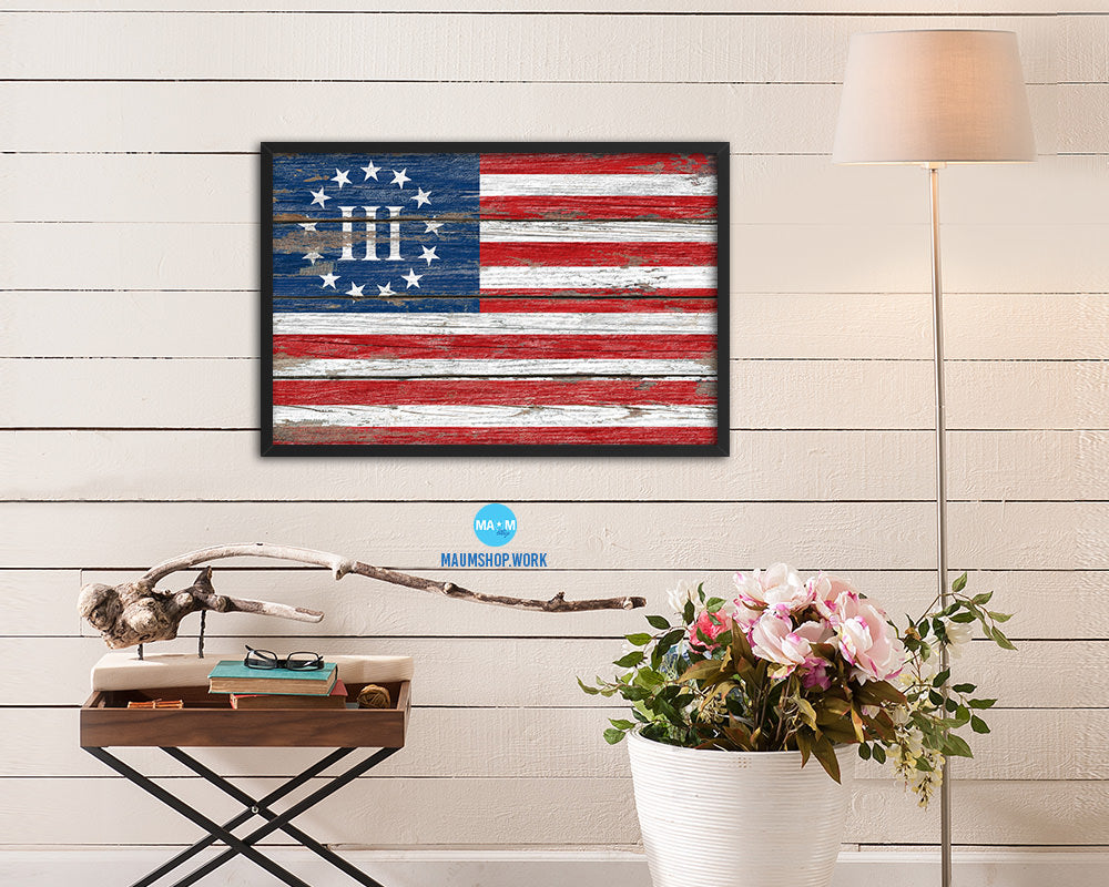 3 Percent Betsy Ross Nyberg Battle III, Revolutionary War Wood Rustic Flag Framed Print Art