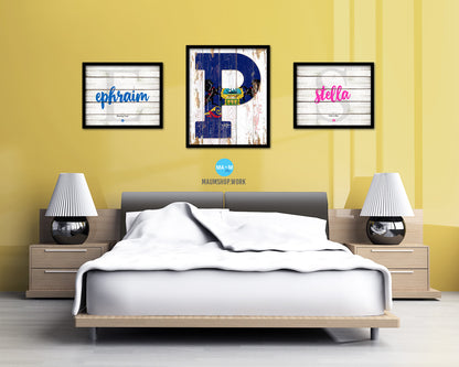 Pennsylvania State Initial Flag Wood Framed Paper Print Decor Wall Art Gifts, Beach