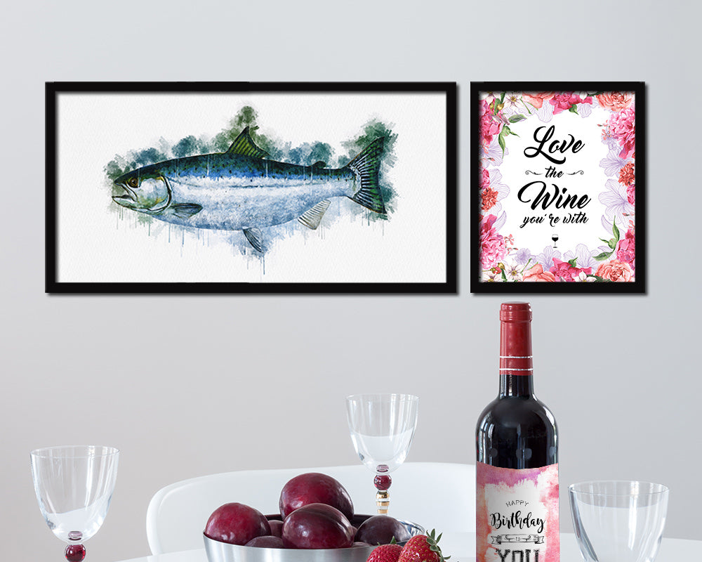 Salmon Fish Art Wood Frame Modern Restaurant Sushi Wall Decor Gifts, 10" x 20"