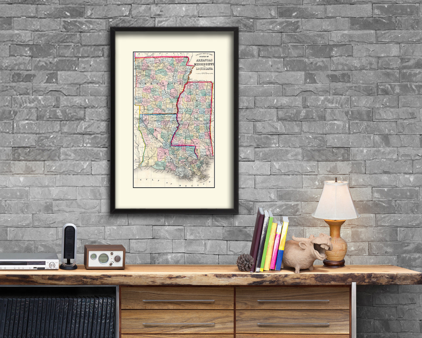 Arkansas Louisiana Mississippi Old Map Wood Framed Print Art Wall Decor Gifts