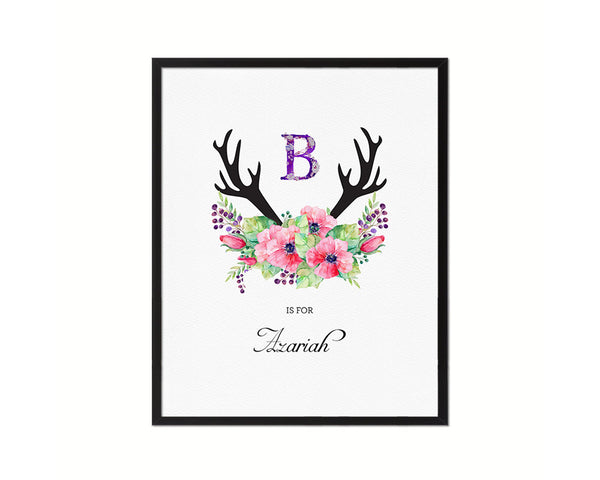 Initial Letter B Watercolor Floral Boho Monogram Art Framed Print Baby Girl Room Wall Decor Gifts